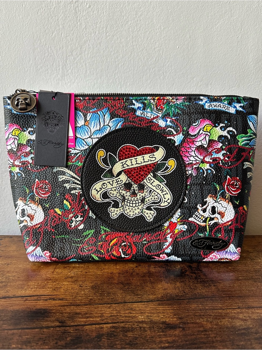 Ed Hardy Black Cosmetic Pouch with Multicolor Tattoo Print Rhinestone Skull NWT
